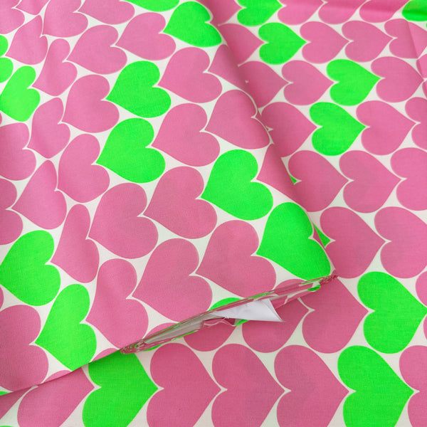 Bon Bon Heart Cotton Oxford Fabric – Neon Green & Pink, Japanese Import