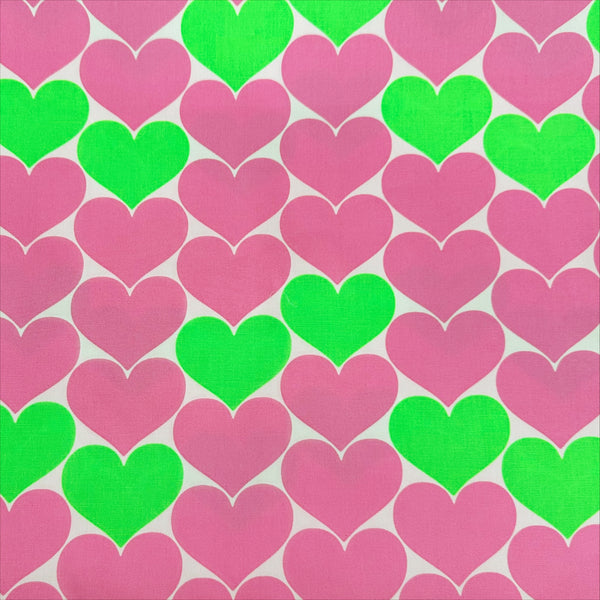 Bon Bon Heart Cotton Oxford Fabric – Neon Green & Pink, Japanese Import