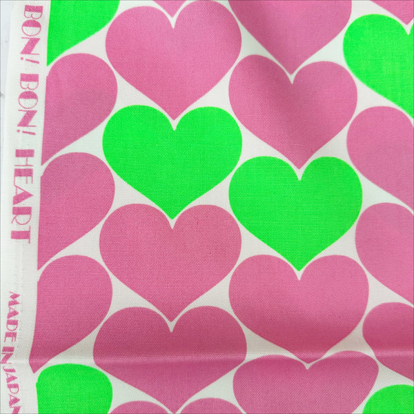 Bon Bon Heart Cotton Oxford Fabric – Neon Green & Pink, Japanese Import