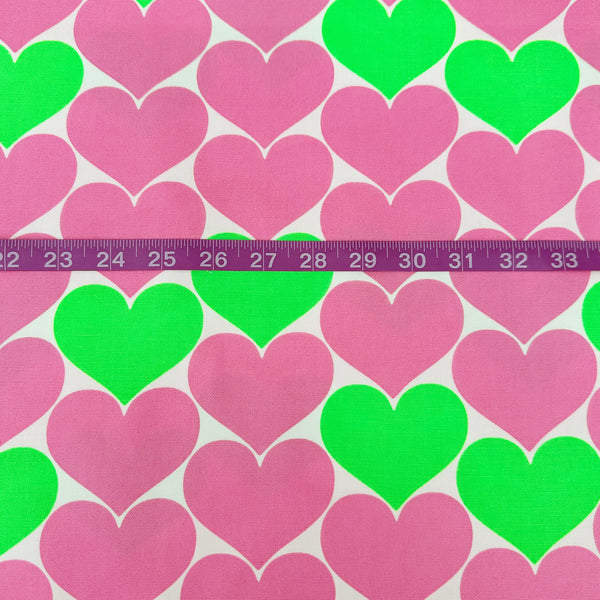 Bon Bon Heart Cotton Oxford Fabric – Neon Green & Pink, Japanese Import