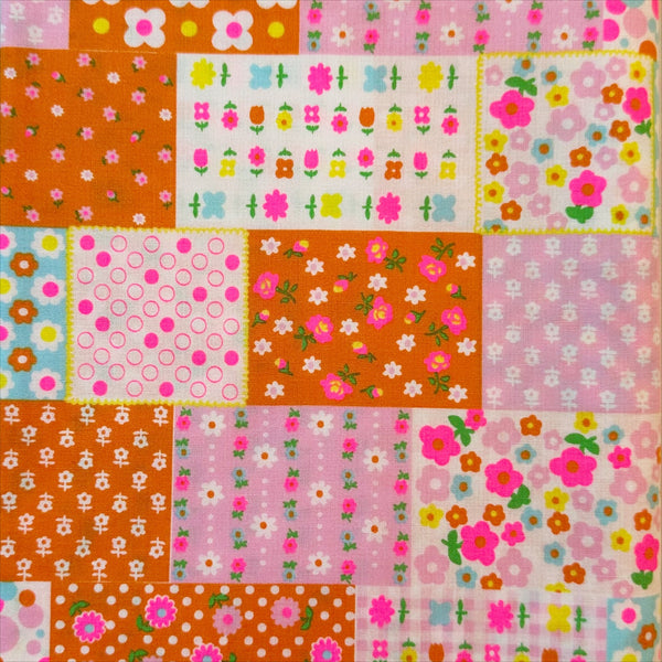Kanon Floral Patchwork Cotton Fabric in Orange Neon by Antique Fabric Pinks – Imported from Japan
