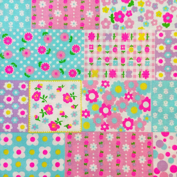 Kanon Floral Patchwork Cotton Fabric in Light Blue Neon by Antique Fabric Pinks – Imported from Japan