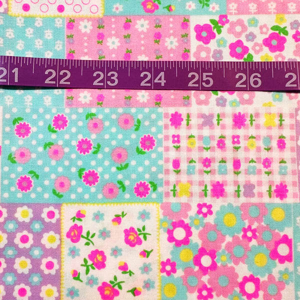 Kanon Floral Patchwork Cotton Fabric in Light Blue Neon by Antique Fabric Pinks – Imported from Japan