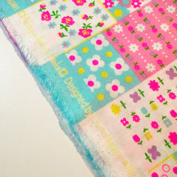 Kanon Floral Patchwork Cotton Fabric in Light Blue Neon by Antique Fabric Pinks – Imported from Japan