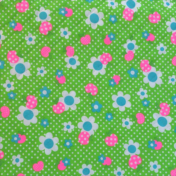 Apple Flower Remix Quilted Fabric in Green and Neon Pink by Antique Fabric Pinks – Imported from Japan