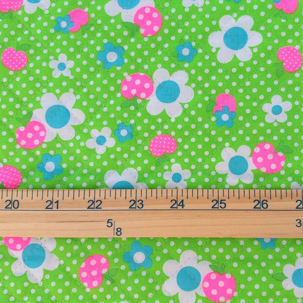 Apple Flower Remix Quilted Fabric in Green and Neon Pink by Antique Fabric Pinks – Imported from Japan