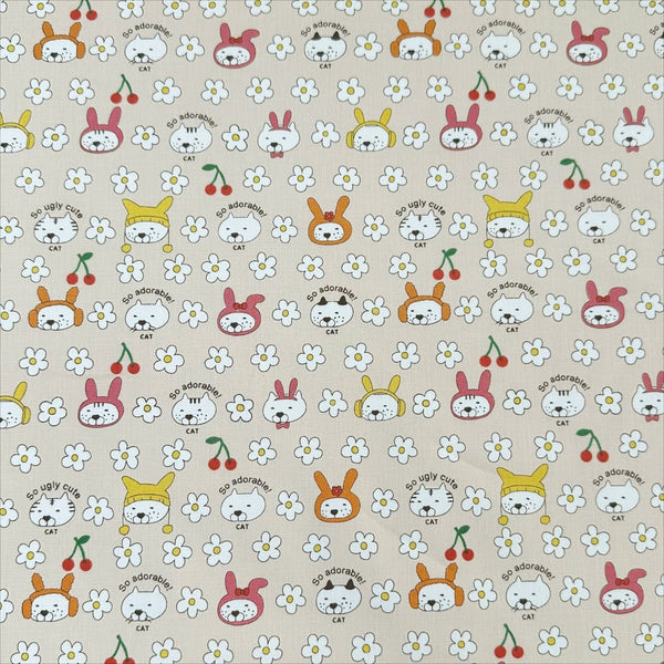 Bunny Cat Cotton Canvas Fabric in Cream by Cotton Kobayashi, Imported from Japan