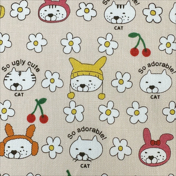 Bunny Cat Cotton Canvas Fabric in Cream by Cotton Kobayashi, Imported from Japan