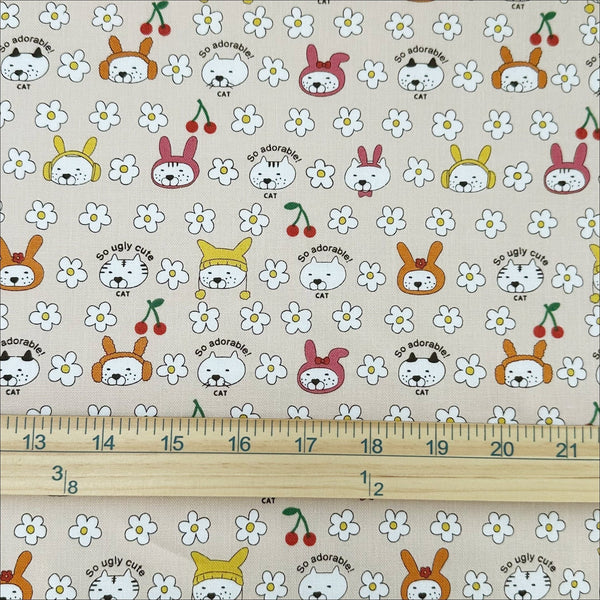 Bunny Cat Cotton Canvas Fabric in Cream by Cotton Kobayashi, Imported from Japan