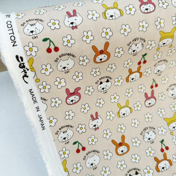 Bunny Cat Cotton Canvas Fabric in Cream by Cotton Kobayashi, Imported from Japan