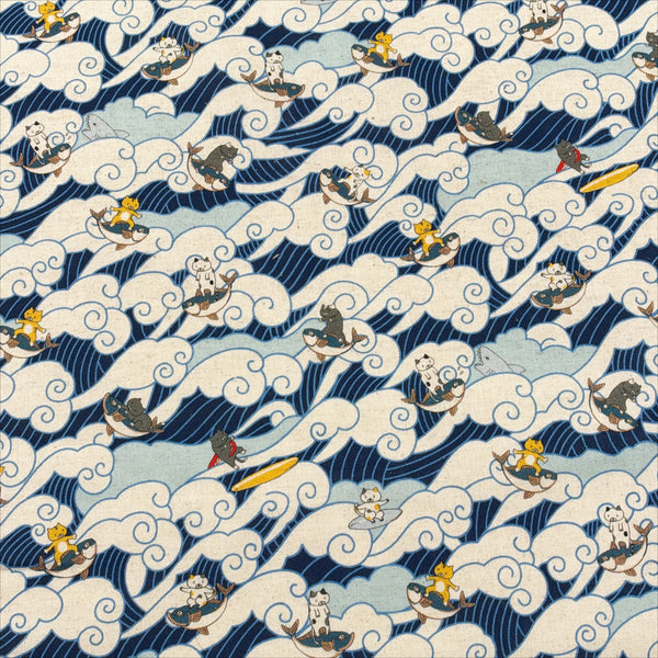 Surfing Cat Cotton Linen Canvas Fabric in Blue by Cotton Kobayashi, Imported from Japan