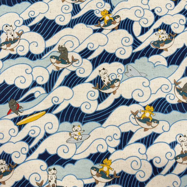 Surfing Cat Cotton Linen Canvas Fabric in Blue by Cotton Kobayashi, Imported from Japan