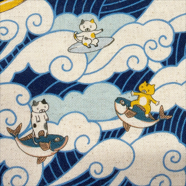 Surfing Cat Cotton Linen Canvas Fabric in Blue by Cotton Kobayashi, Imported from Japan