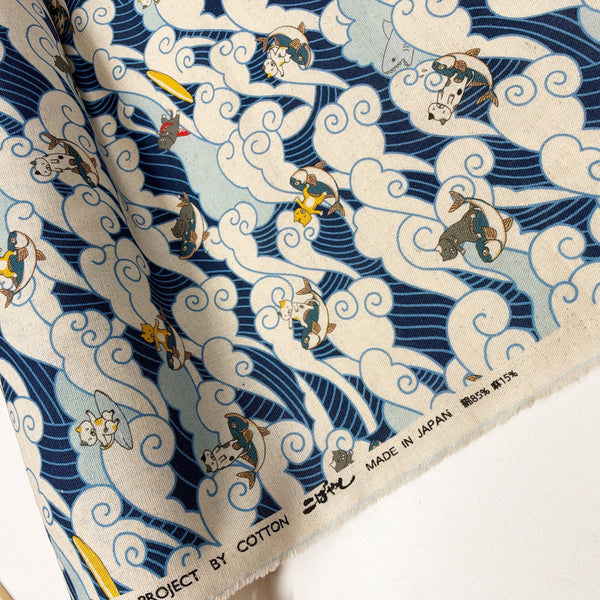 Surfing Cat Cotton Linen Canvas Fabric in Blue by Cotton Kobayashi, Imported from Japan
