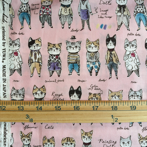 Rough Sketch Cat Cotton Fabric in Pink by Sobakasu Kids for Yuwa, Imported from Japan