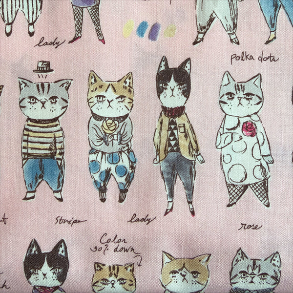 Rough Sketch Cat Cotton Fabric in Pink by Sobakasu Kids for Yuwa, Imported from Japan