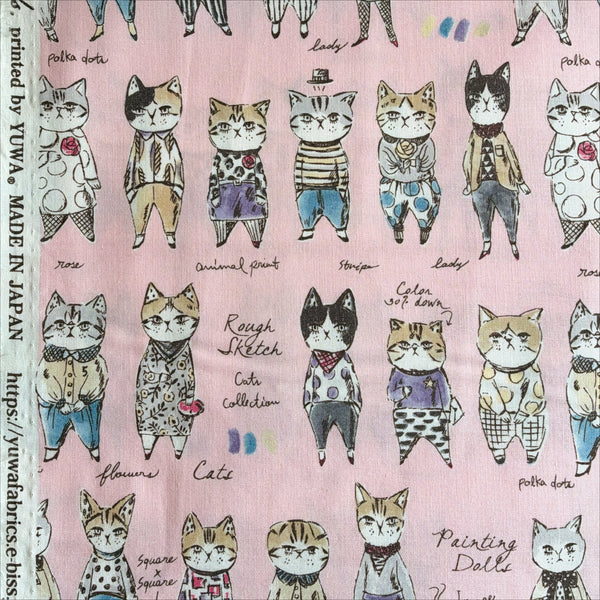 Rough Sketch Cat Cotton Fabric in Pink by Sobakasu Kids for Yuwa, Imported from Japan