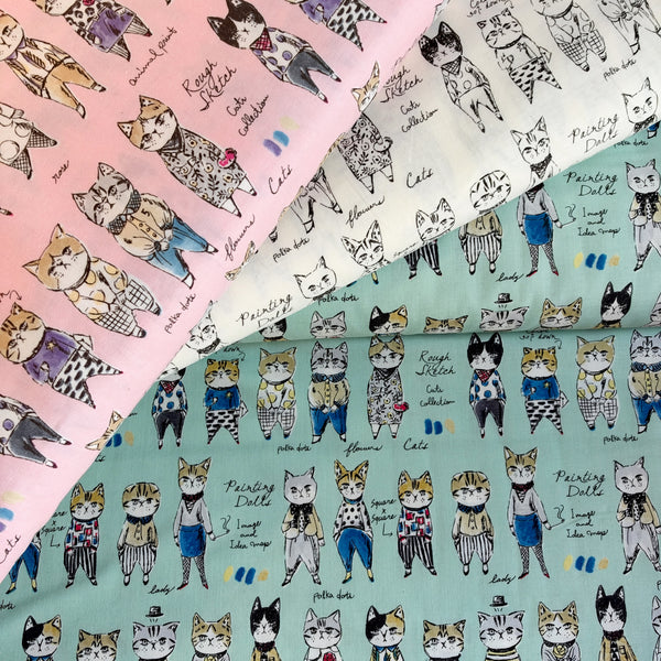 Rough Sketch Cat Cotton Fabric in Pink by Sobakasu Kids for Yuwa, Imported from Japan