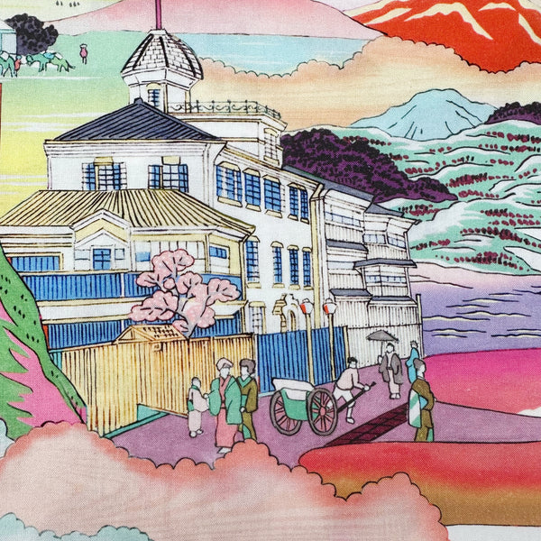 close up of Neo Japanesque cotton fabric in White Multi by Nora featuring a brightly colored Japanese landscape with mountains, villages, and traditional motifs