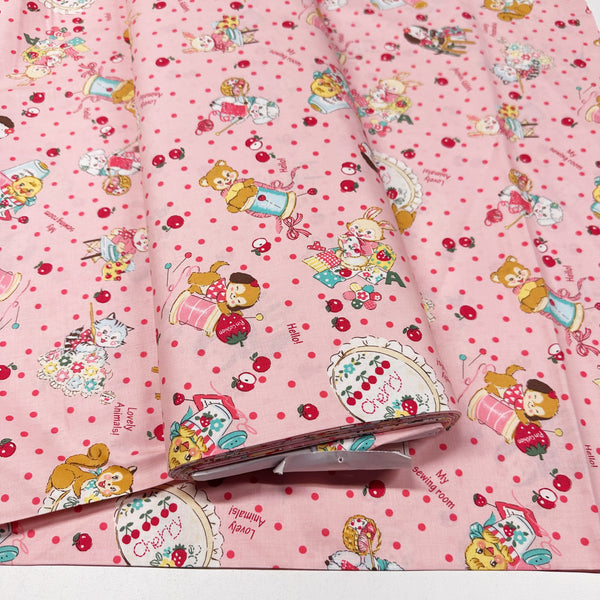 Cute Sewing Animals in Pink By Atsuko Matsuyama Cotton Fabric, Yuwa Fabrics