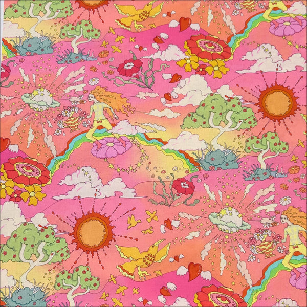 Pink Pyschedelic Trippy Landscape Cotton Fabric by Nora. Imported from Japan