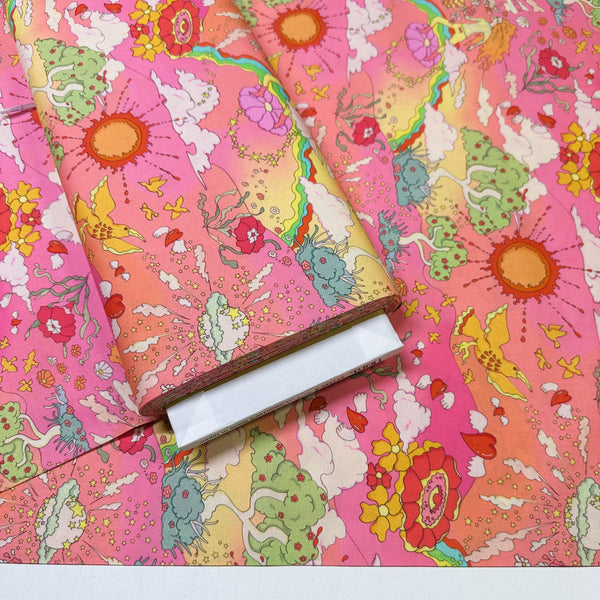 Pink Pyschedelic Trippy Landscape Cotton Fabric by Nora. Imported from Japan