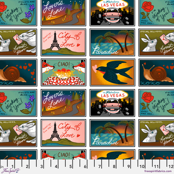 Scale of Postcards Multi cotton fabric from Love Letters by Club Hauer for Free Spirit featuring illustrated postcard-style motifs in a vibrant multi-color design.