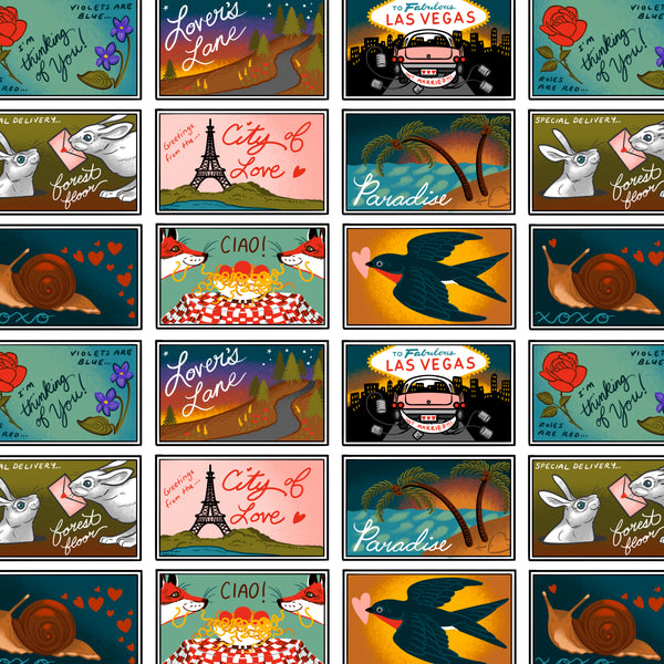 Postcards Multi cotton fabric from Love Letters by Club Hauer for Free Spirit featuring illustrated postcard-style motifs in a vibrant multi-color design.