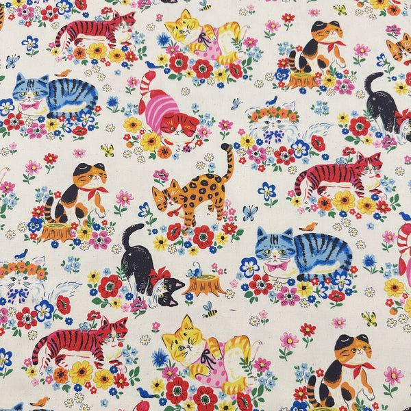 Powerful Animal Cats Garden Cotton Oxford Fabric by Kokka, YGA-81050-1 Natural