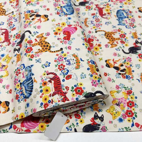 Powerful Animal Cats Garden Cotton Oxford Fabric by Kokka, YGA-81050-1 Natural