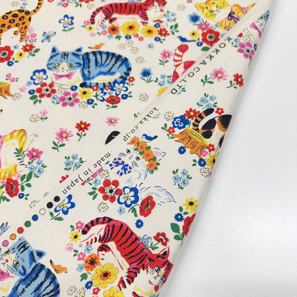 Powerful Animal Cats Garden Cotton Oxford Fabric by Kokka, YGA-81050-1 Natural