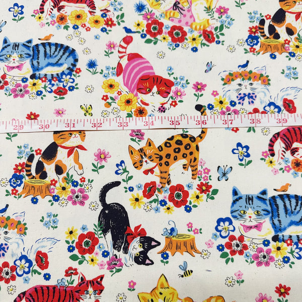 Powerful Animal Cats Garden Cotton Oxford Fabric by Kokka, YGA-81050-1 Natural