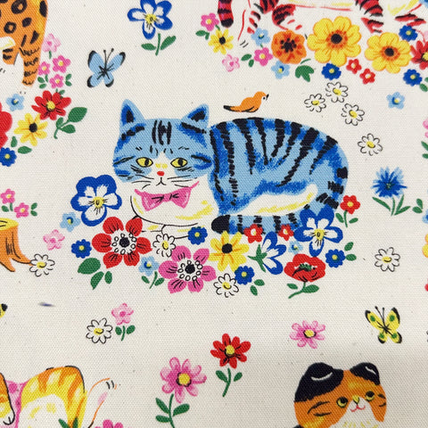 Powerful Animal Cats Garden Cotton Oxford Fabric by Kokka, YGA-81050-1 Natural