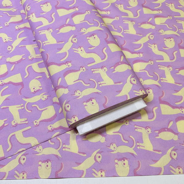Purple Wide Eyed Cats Cotton Fabric by Nora. Imported from Japan