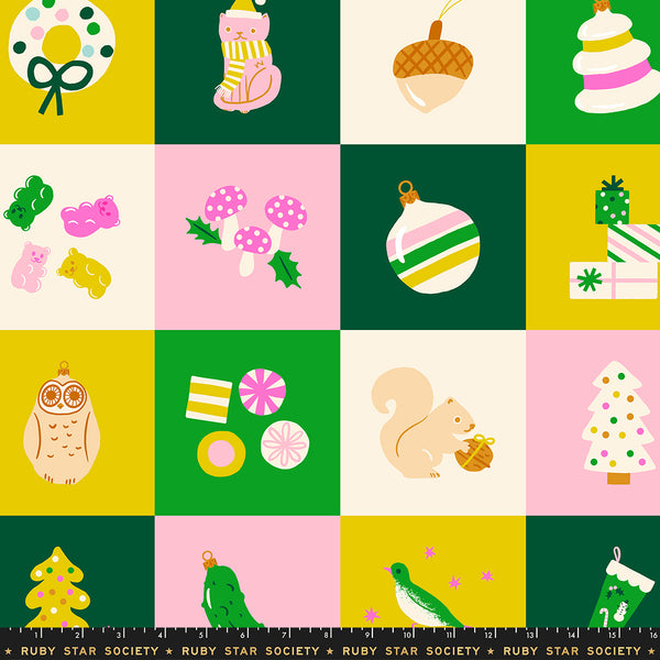 Scale of Merry Happy fabric panel in Verdant by Kimberly Kight for Ruby Star Society featuring festive holiday-themed illustrations