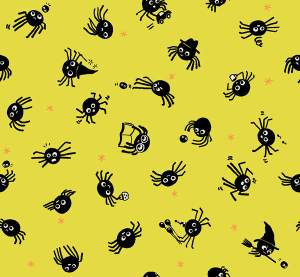 Spider Sense cotton fabric by Ruby Star Society featuring black spiders on a citron background.