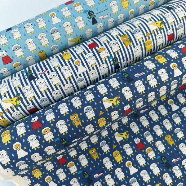 Raincoat Cats Cotton Canvas Fabric in Sky Blue by Cotton Kobayashi, Imported from Japan