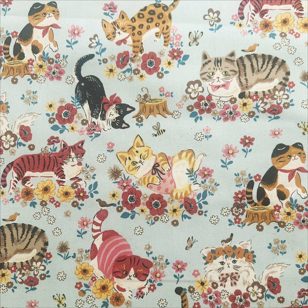 Powerful Animal Cats Garden cotton oxford fabric by Kokka in blue, style YGA-81050-1 C
