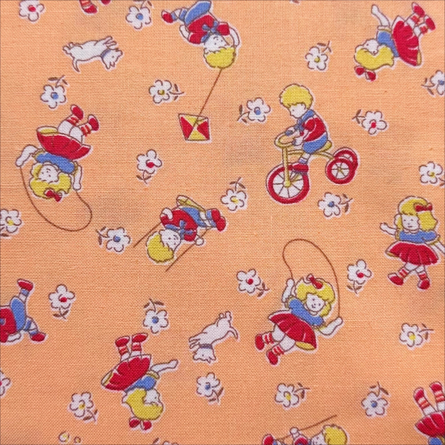 Retro Children Playing on Peach Cotton Fabric by Happy Message 30s, Imported from Japan
