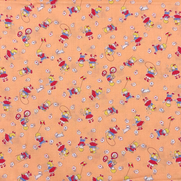 Retro Children Playing on Peach Cotton Fabric by Happy Message 30s, Imported from Japan