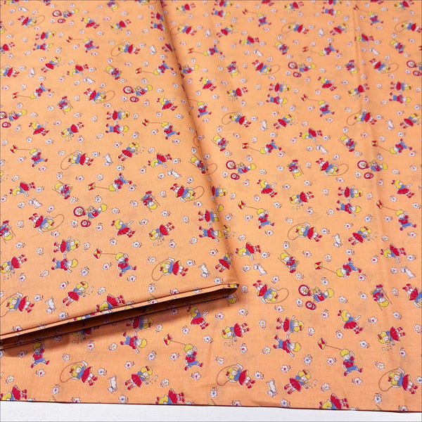 Retro Children Playing on Peach Cotton Fabric by Happy Message 30s, Imported from Japan