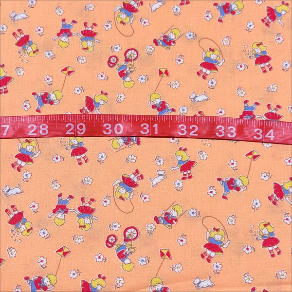 Retro Children Playing on Peach Cotton Fabric by Happy Message 30s, Imported from Japan