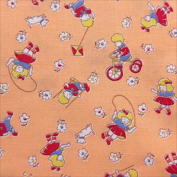 Retro Children Playing on Peach Cotton Fabric by Happy Message 30s, Imported from Japan