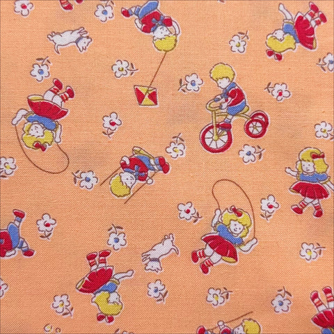 Retro Children Playing on Peach Cotton Fabric by Happy Message 30s, Imported from Japan
