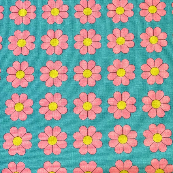 Retro Daisies on Aqua Cotton Fabric by Nora. Imported from Japan