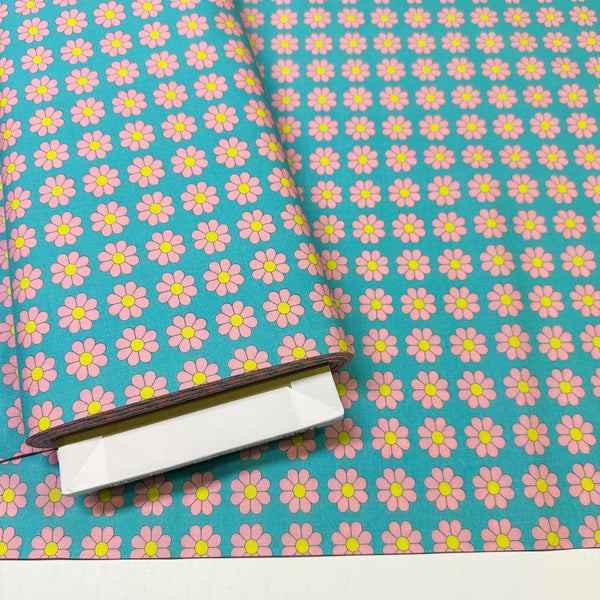 Retro Daisies on Aqua Cotton Fabric by Nora. Imported from Japan