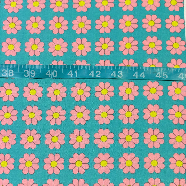 Retro Daisies on Aqua Cotton Fabric by Nora. Imported from Japan