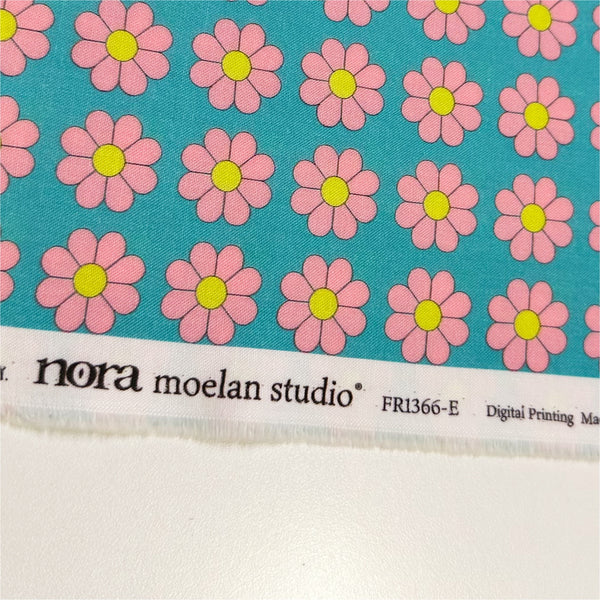 Retro Daisies on Aqua Cotton Fabric by Nora. Imported from Japan