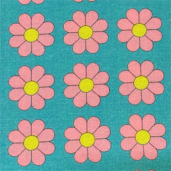 Retro Daisies on Aqua Cotton Fabric by Nora. Imported from Japan