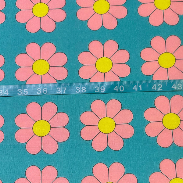Retro Daisies on Aqua Cotton Oxford Fabric by Nora. Imported from Japan